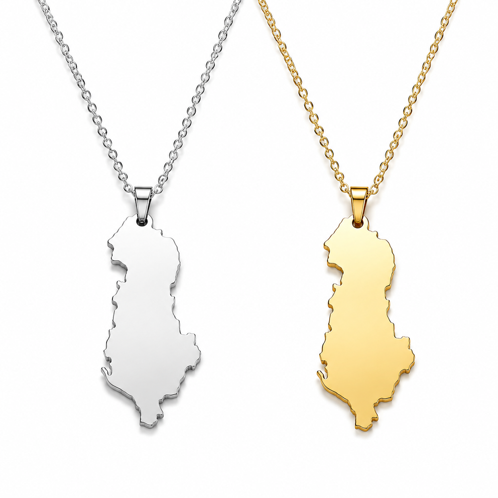 Men's silver and gold Albania map necklaces on white