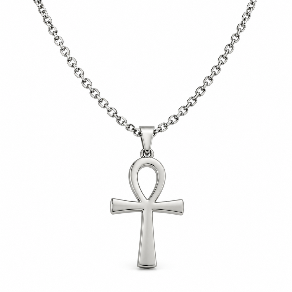 Men's silver-tone Ancient Egyptian Ankh necklace on white