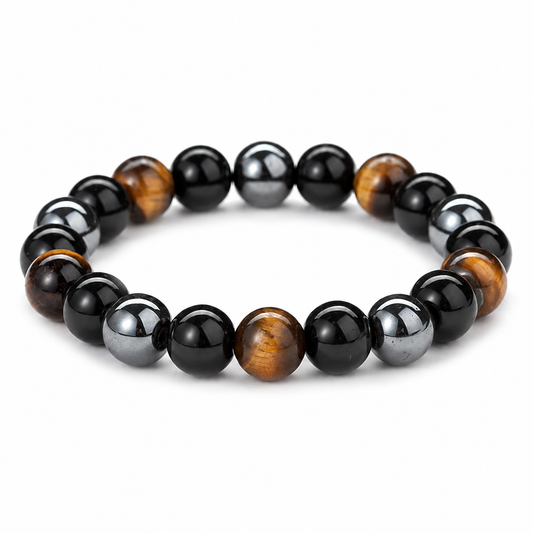 Tiger Eye & Black Stone Bead Bracelet on white background