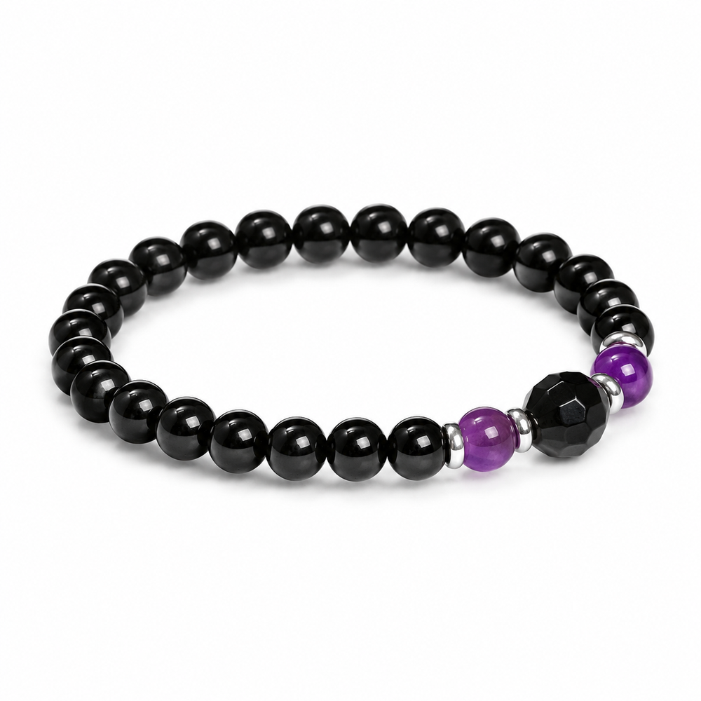 Amethyst & Black Agate Bracelet on white background