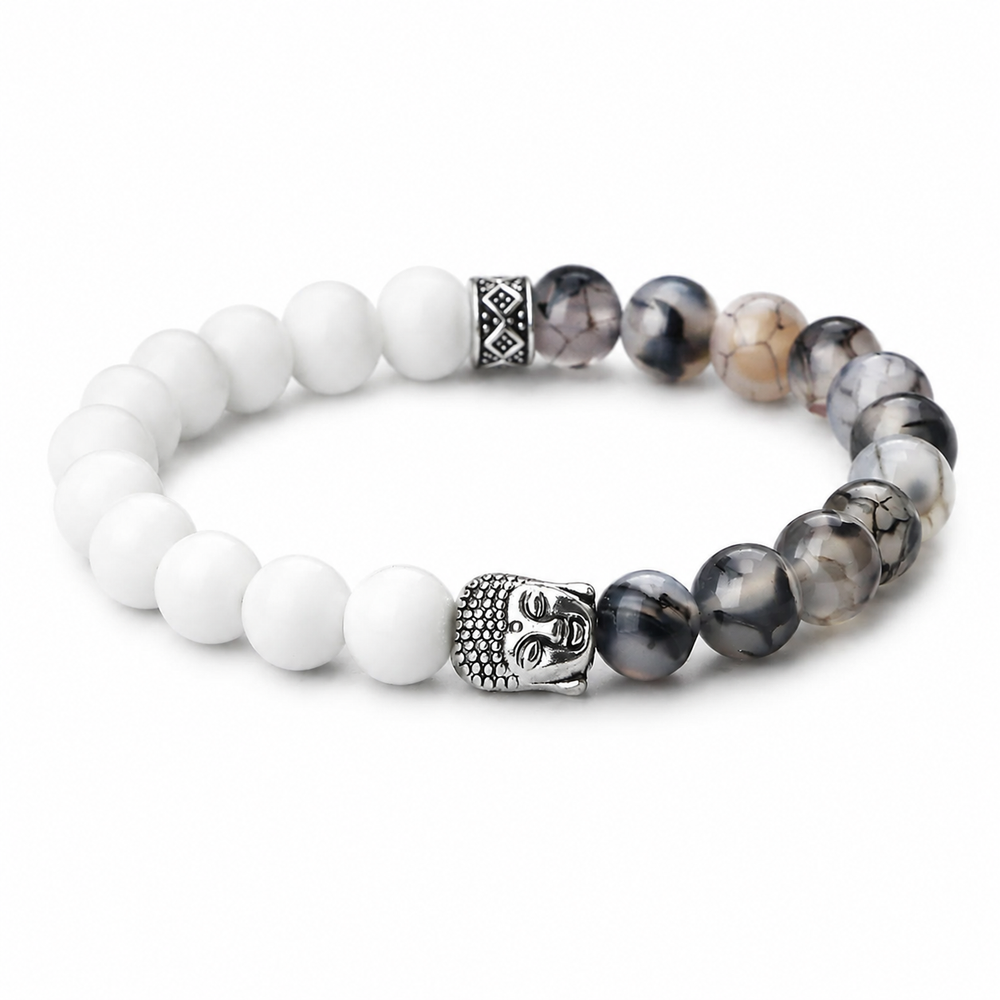 White Agate Bead Bracelet on white background