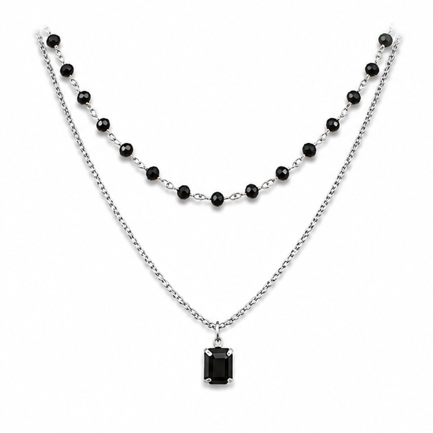 Black Crystal Twin-Layer Necklace on white background