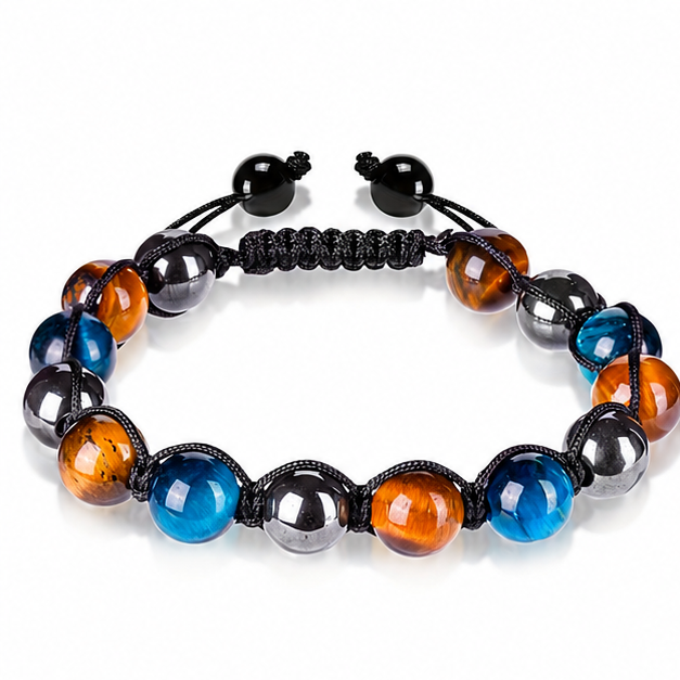 Blue & Yellow Tiger Eye Cord Bracelet on white background