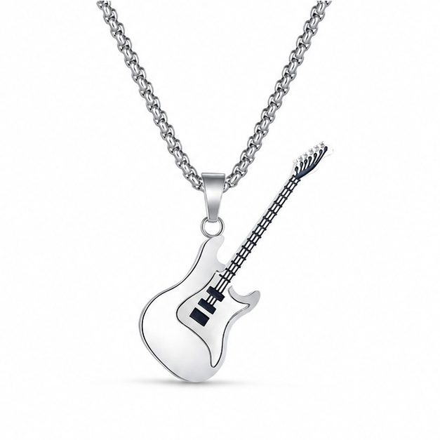 Titanium Steel Guitar Pendant Necklace on white background