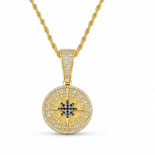 Iced Compass Medallion Necklace on white background