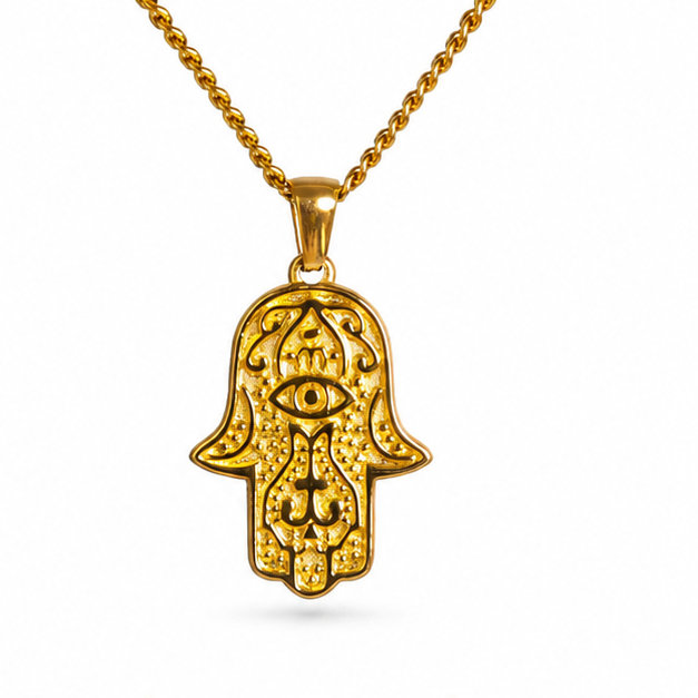 Hamsa Hand Pendant Necklace on white background
