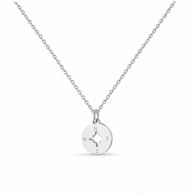 Minimal Round Compass Necklace on white background