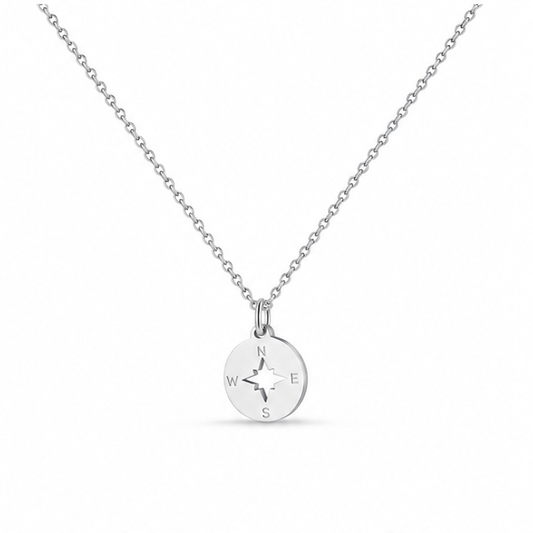 Minimal Round Compass Necklace on white background