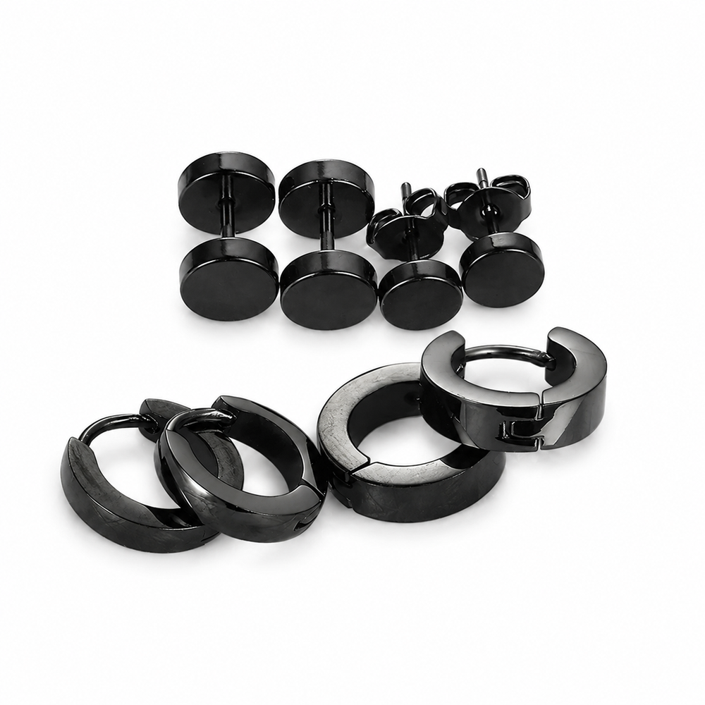 Black Round Stainless Steel Stud Set — 4 Pairs on white background