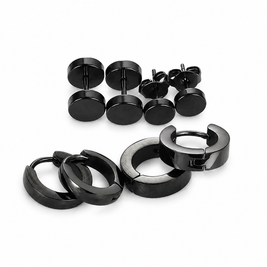 Black Round Stainless Steel Stud Set — 4 Pairs on white background