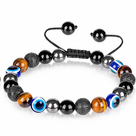 Tiger Eye & Volcanic Stone Cord Bracelet on white background
