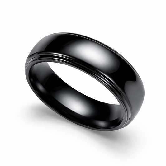 Black Polished Stainless Steel Ring on pure white background
