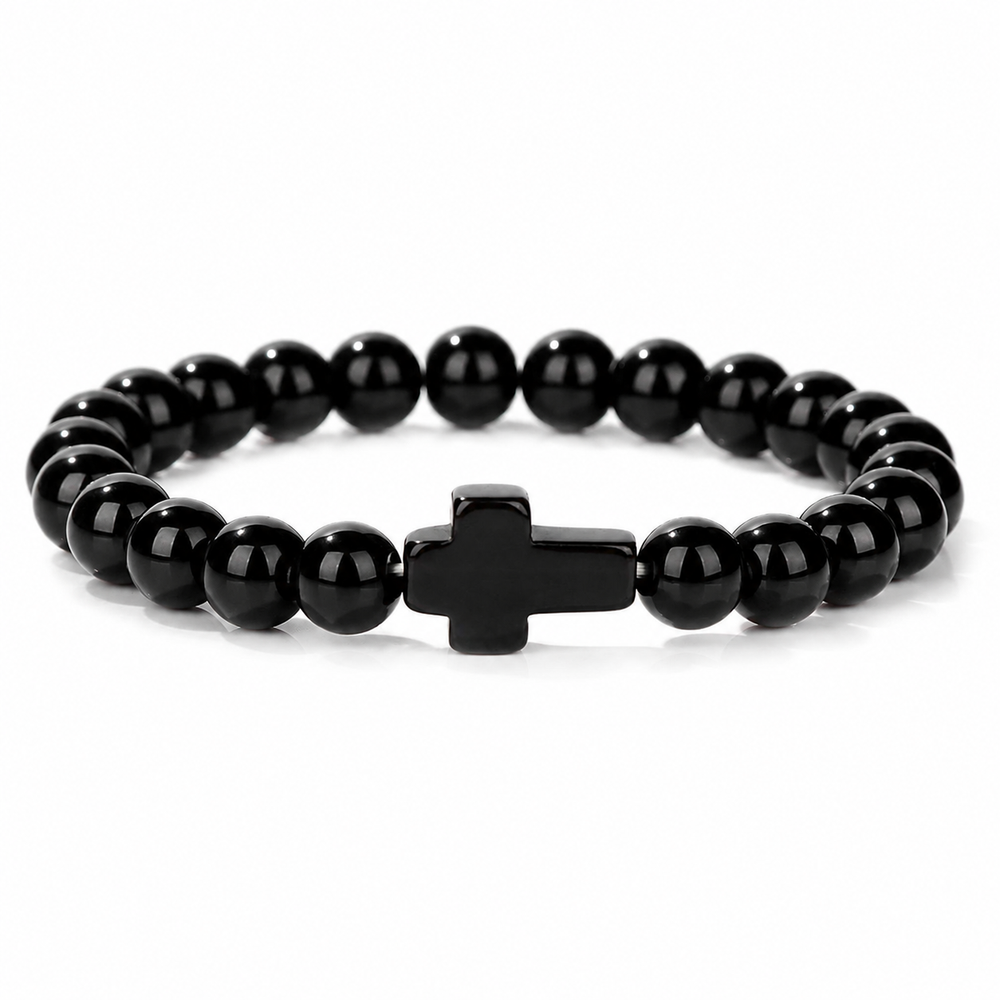 Cross Natural-Stone Bead Bracelet on pure white background
