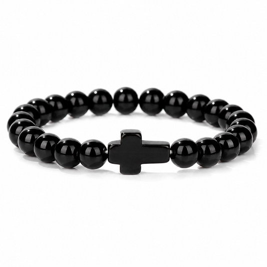 Cross Natural-Stone Bead Bracelet on pure white background