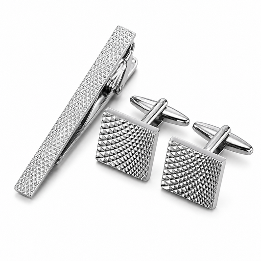 Geometric Cufflinks and Tie Clip Set on pure white background