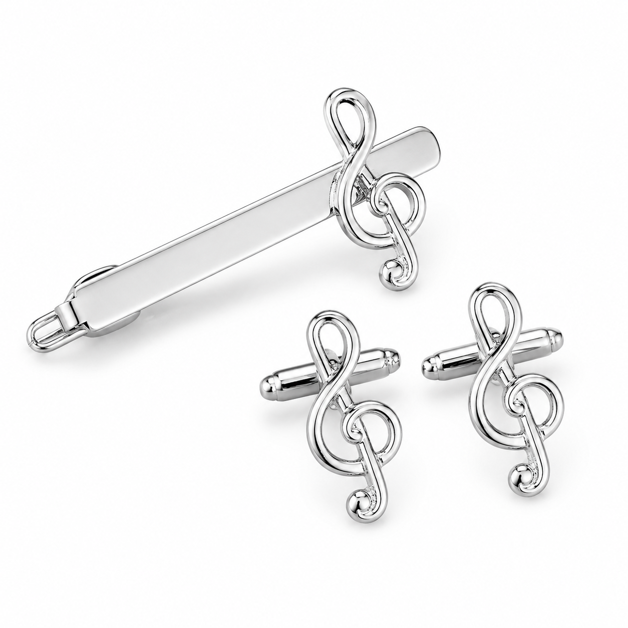 Treble-Clef Cufflinks and Tie Clip Set on pure white background