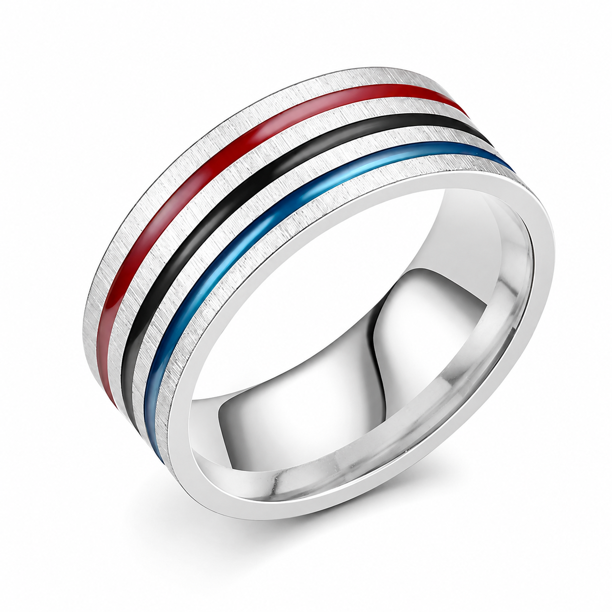 Dark Triple-Inlay Titanium Steel Ring on pure white background
