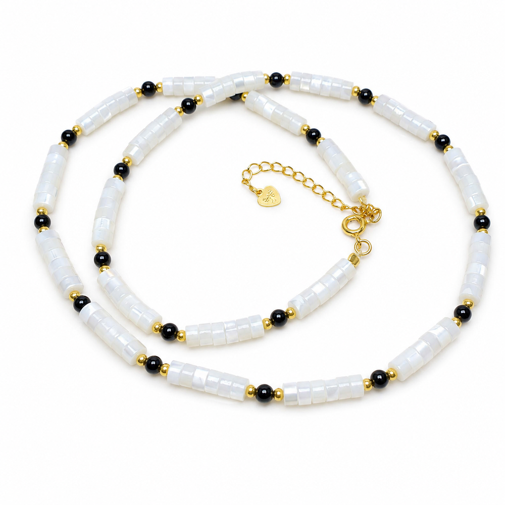 White Shell and Black Agate Beaded Necklace on pure white background