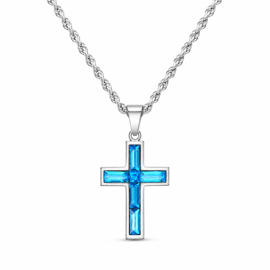 Coloured Zircon Cross Necklace on pure white background