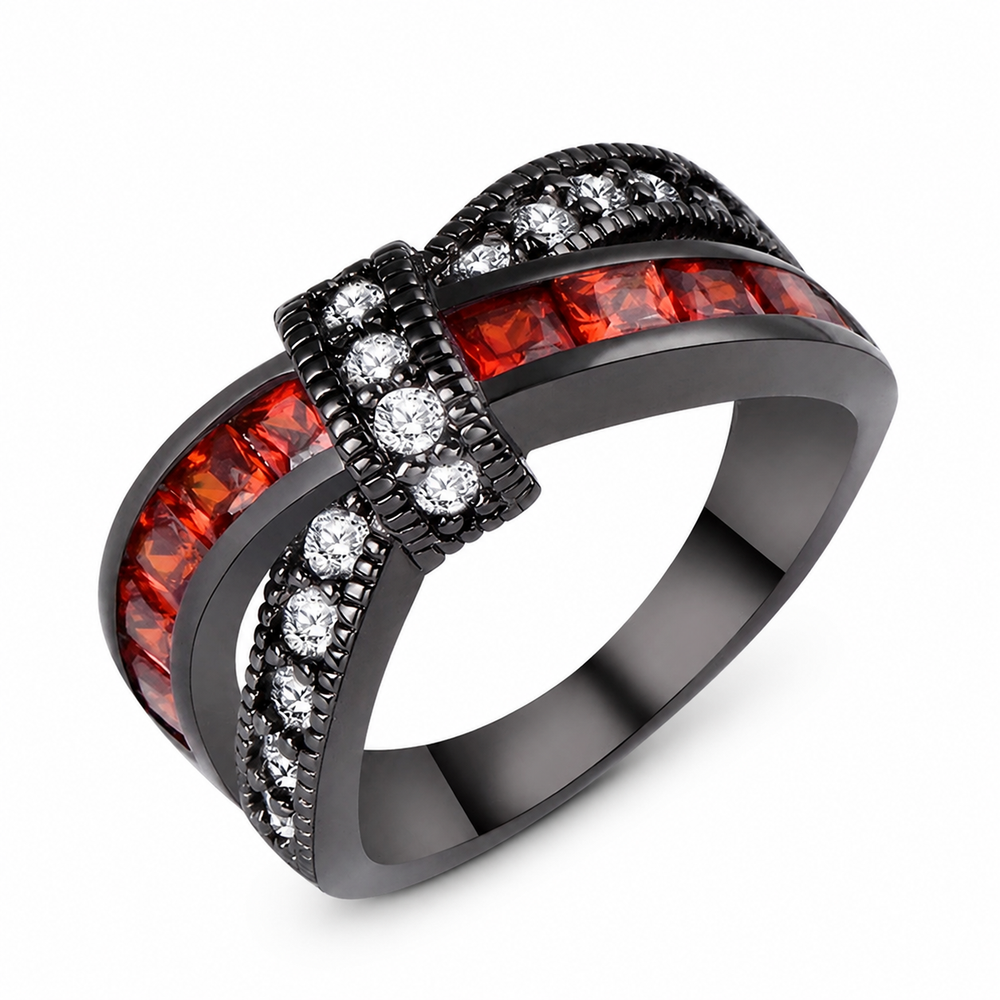 Garnet-Red Cross Zircon Statement Ring on pure white background