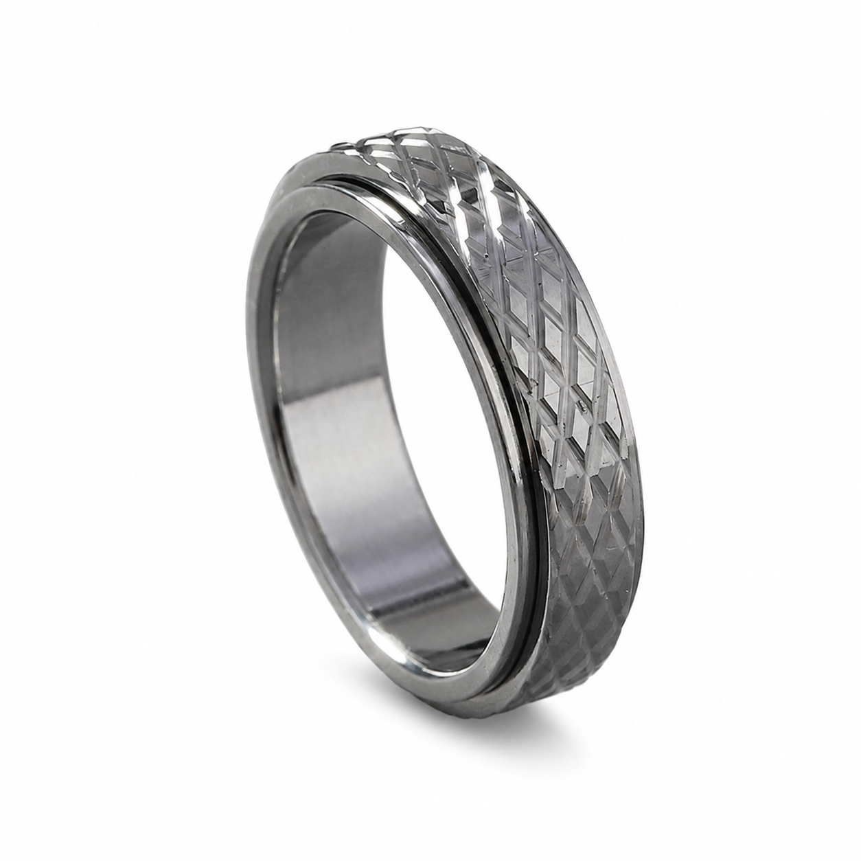 6mm Stainless-Steel Mesh-Inlay Ring on pure white background