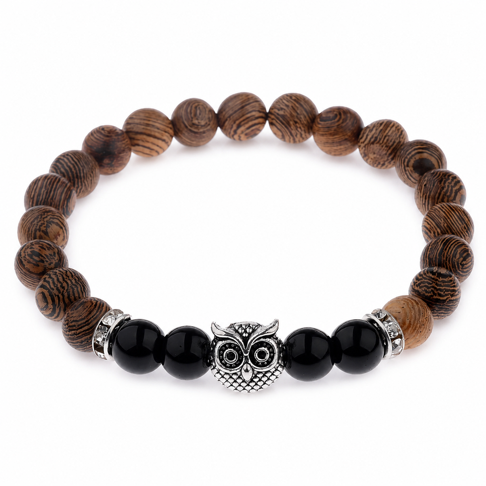 Frosted Wood-Grain Owl Bracelet on pure white background