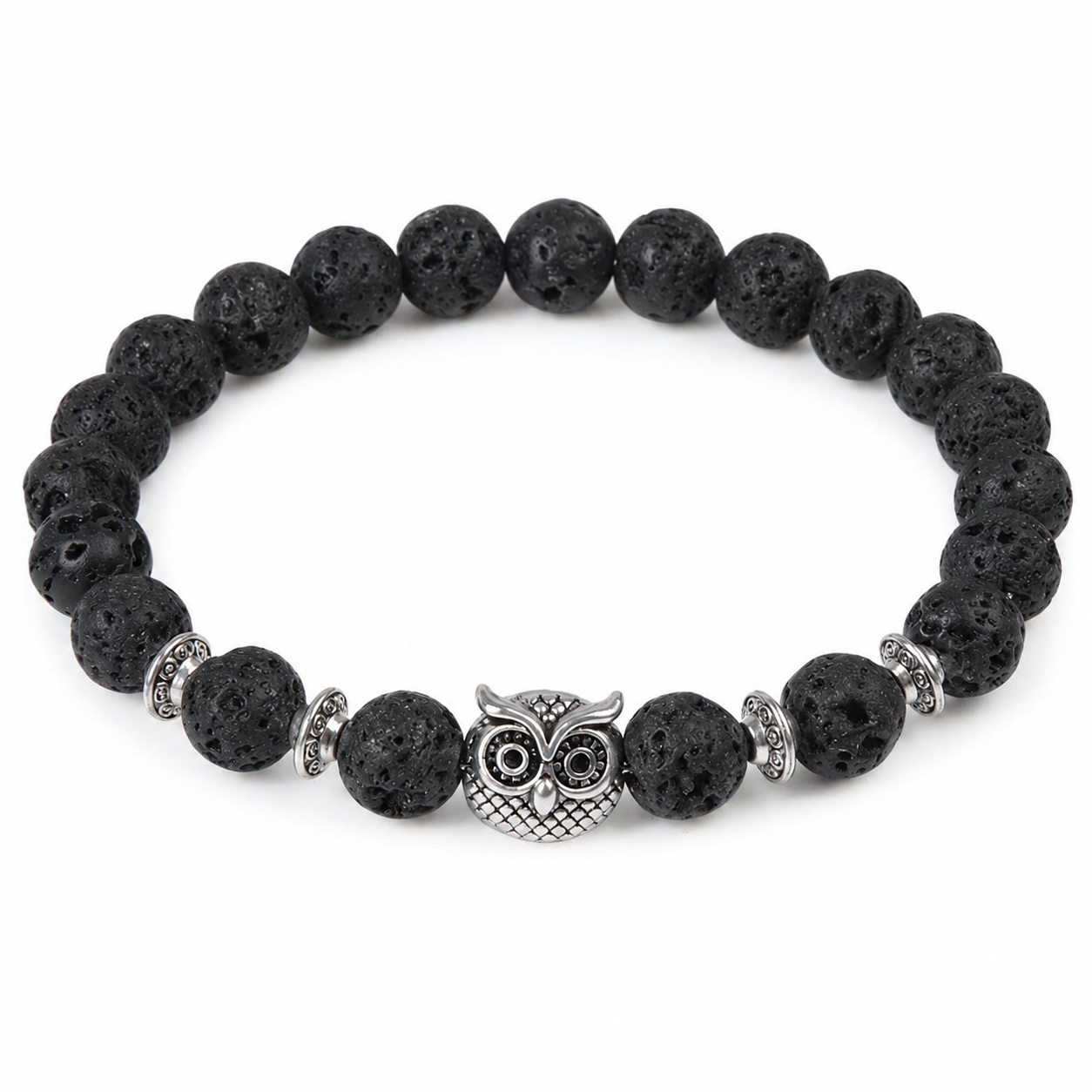 Lava-Stone Owl Bead Bracelet on pure white background
