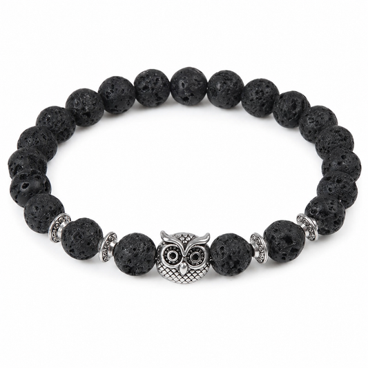 Lava-Stone Owl Bead Bracelet on pure white background