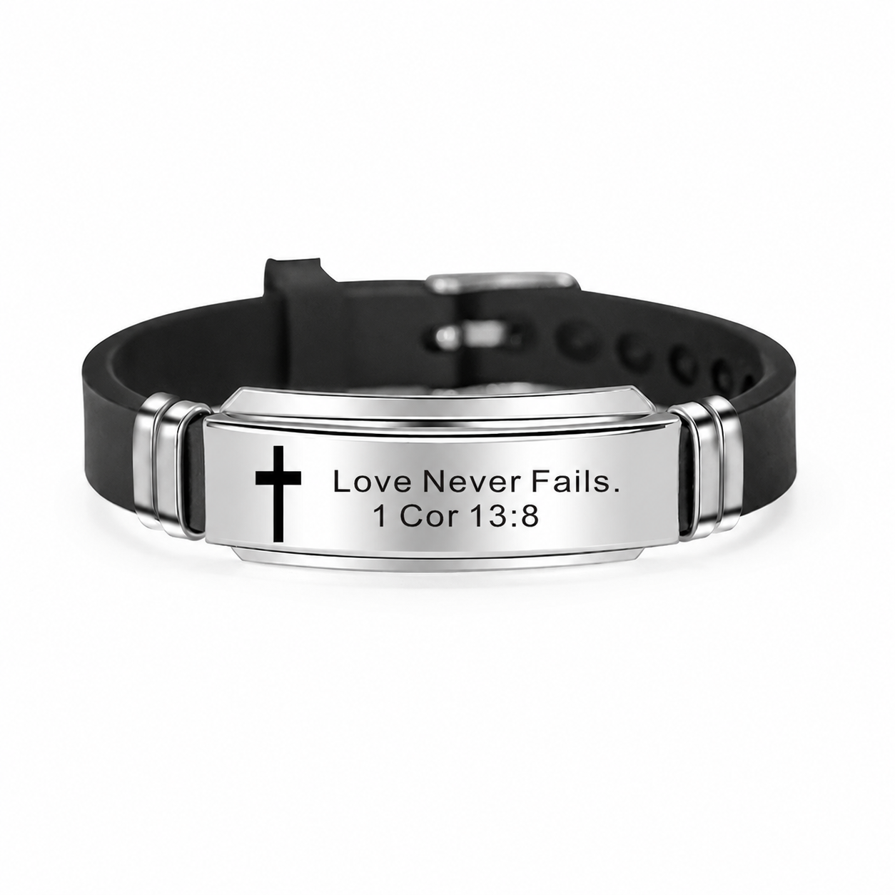 Love Never Fails Scripture ID Bracelet on pure white background