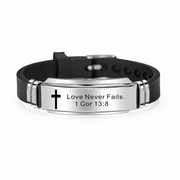 Love Never Fails Scripture ID Bracelet on pure white background