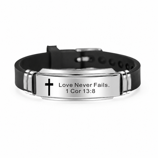 Love Never Fails Scripture ID Bracelet on pure white background