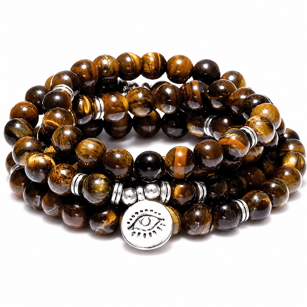 108-Bead Tiger Eye Wrap Necklace on pure white background