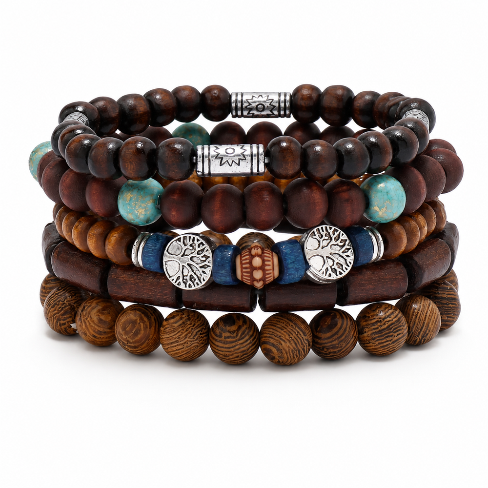 Five-piece men's beaded bracelet stack on white