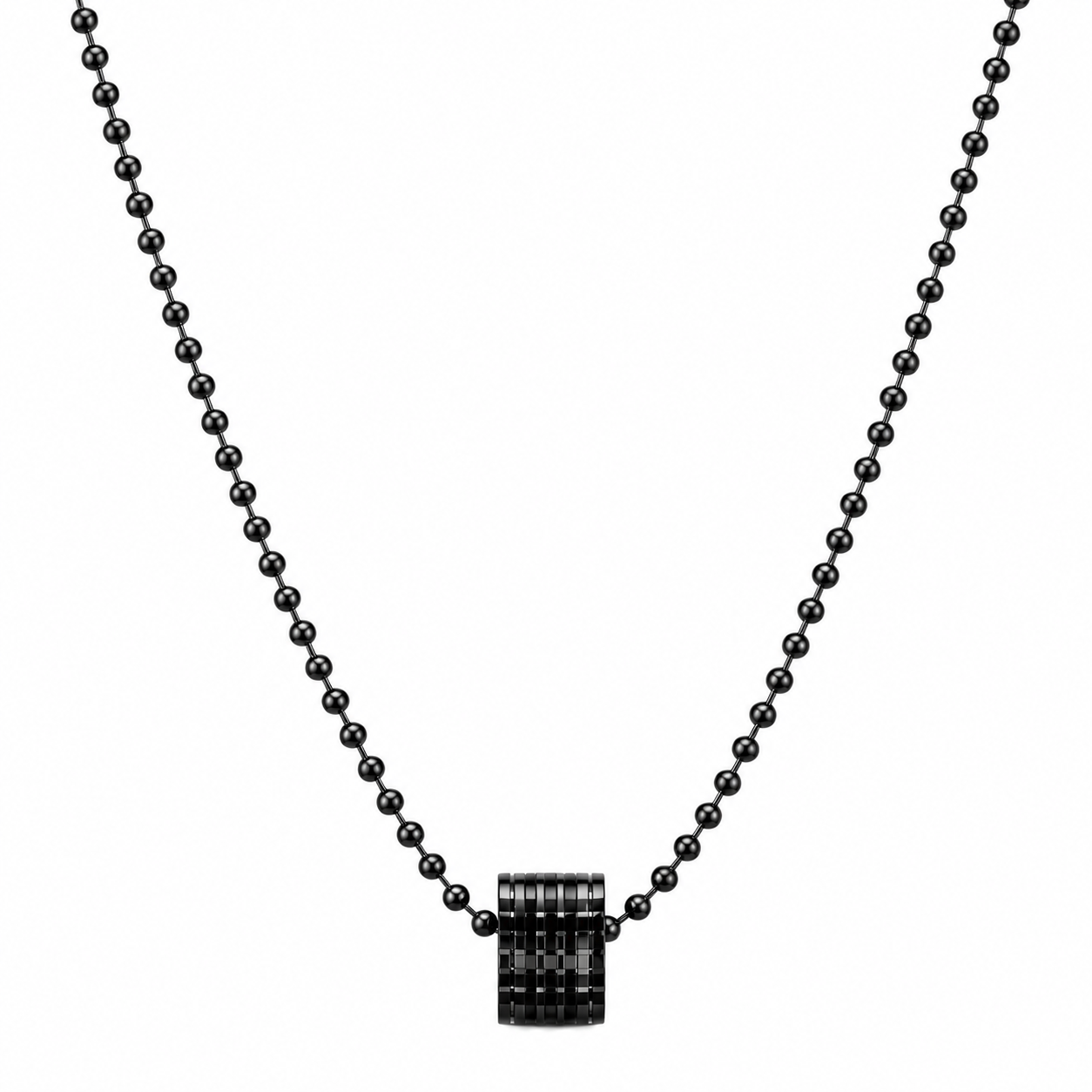Black barrel pendant necklace on white
