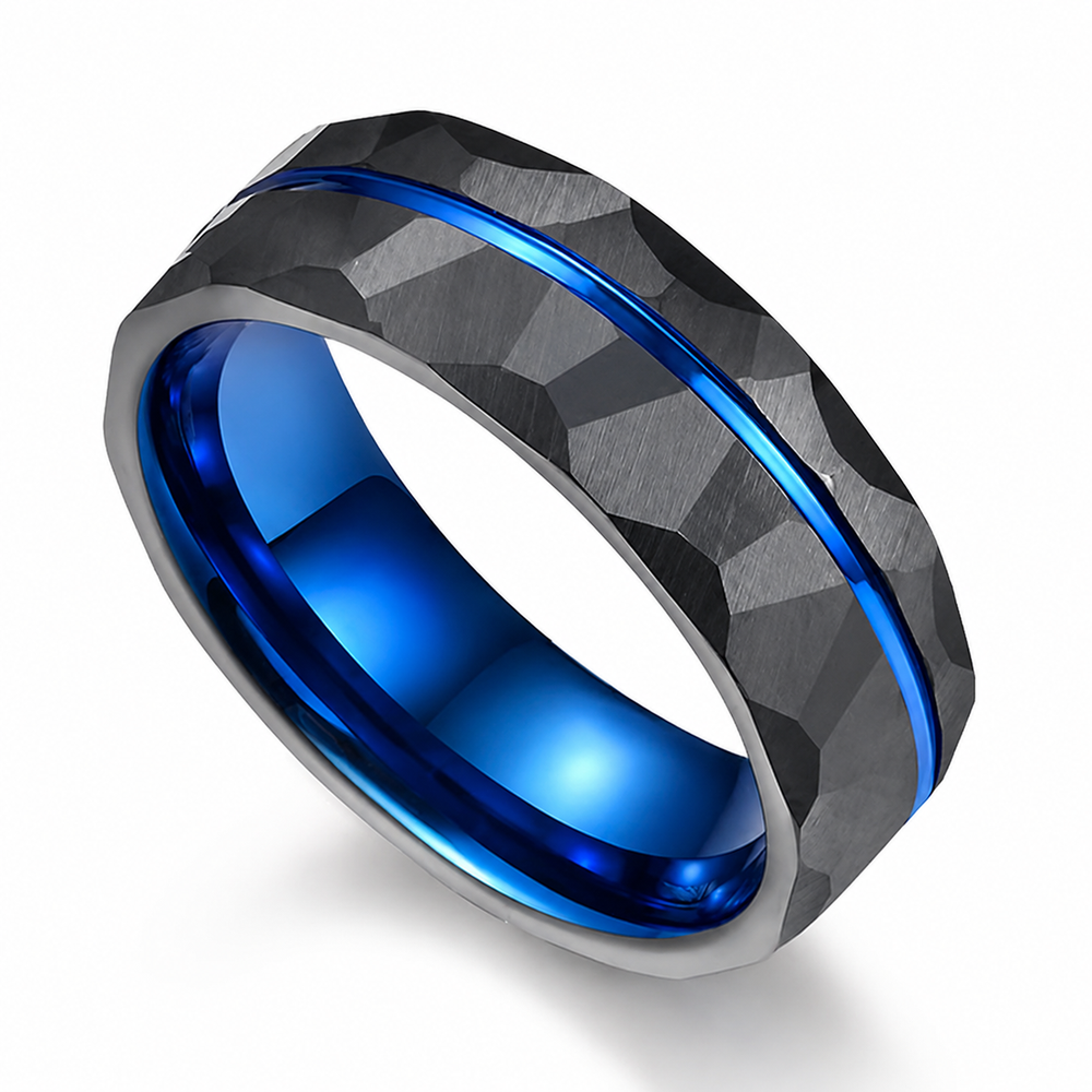 Black and blue faceted tungsten ring on pure white