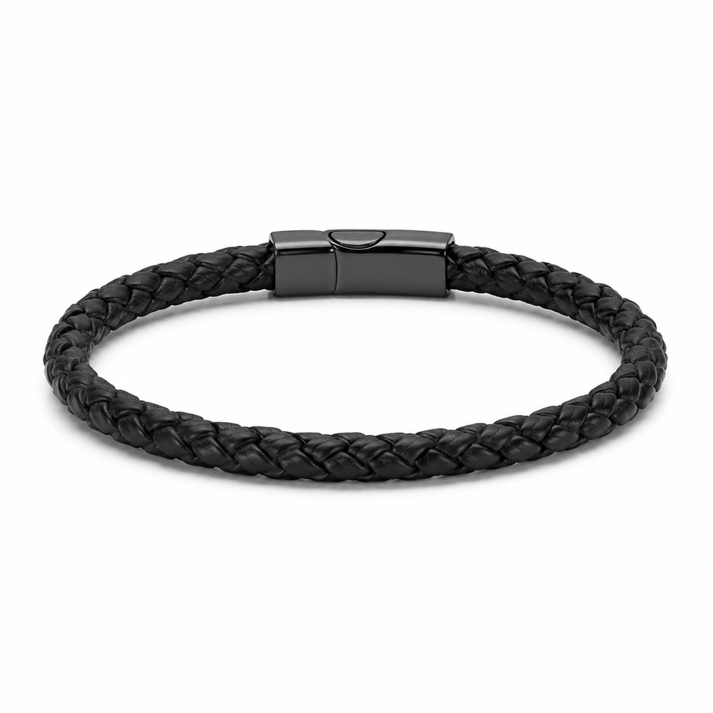 Men's black braided leather bracelet on white