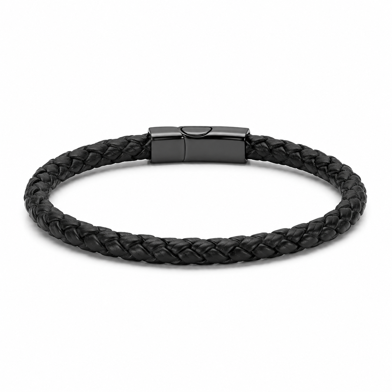 Men's black braided leather bracelet on white