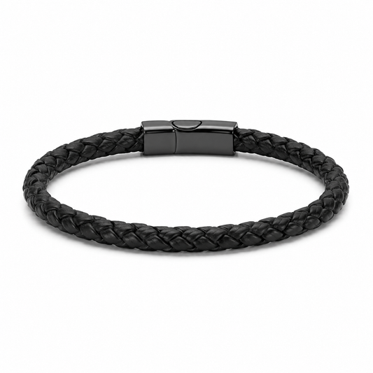 Men's black braided leather bracelet on white