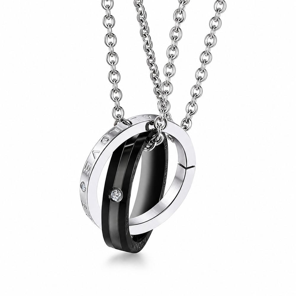 Black Concentric Ring Pendant Necklace on a pure white background