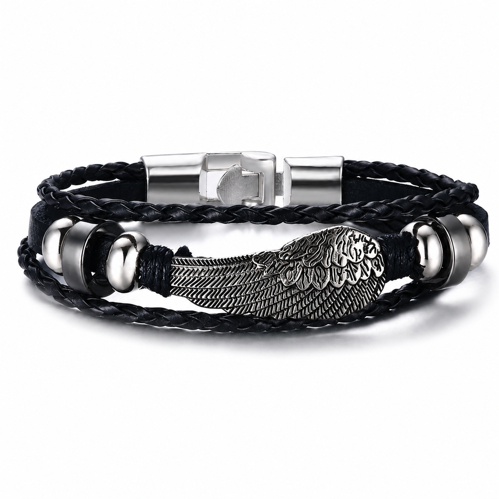 Black Feather Leather Bracelet on pure white background