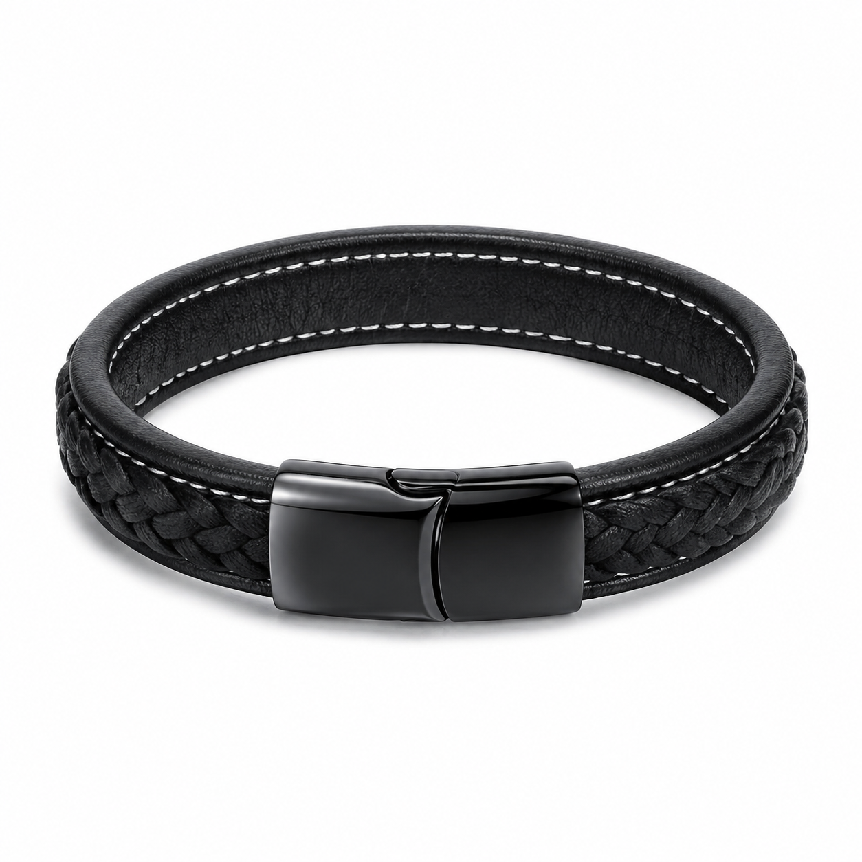 Black Leather & Titanium-Steel Bracelet on white background 