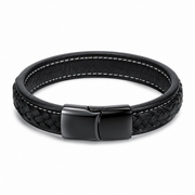 Black Leather & Titanium-Steel Bracelet on white background 