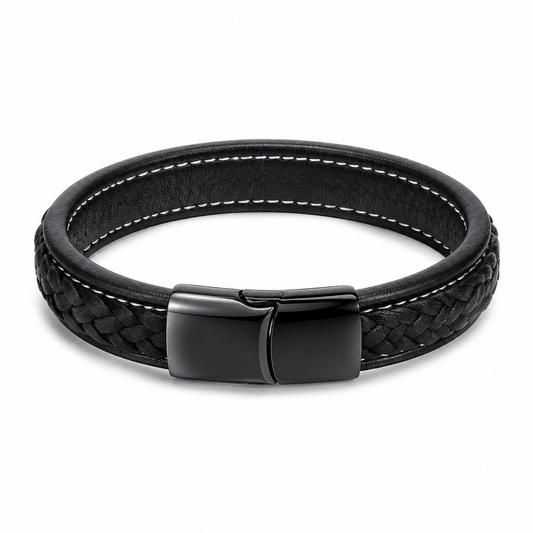 Black Leather & Titanium-Steel Bracelet on white background 