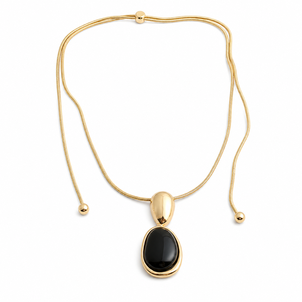 Black Onyx Pebble Pendant Necklace on a pure white background