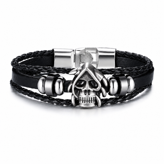 Black Skull Leather Bracelet on pure white background