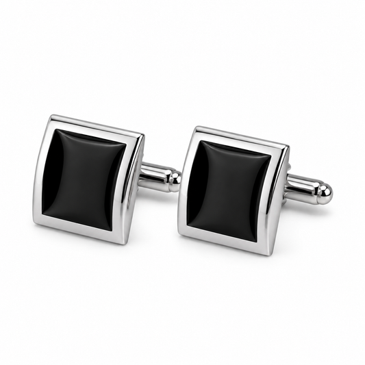 VALT men's black square cufflinks with silver-tone frame on white