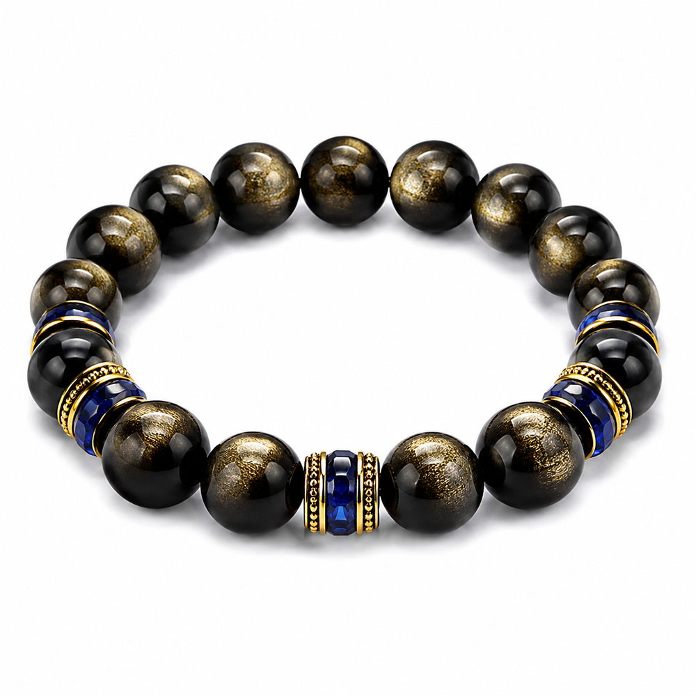 Black Stone & Gold Beaded Bracelet on white background