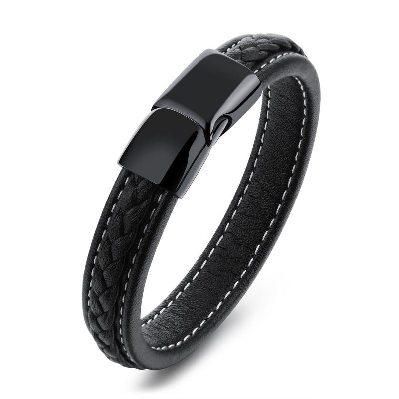 Black Leather & Titanium-Steel Bracelet – image 2 