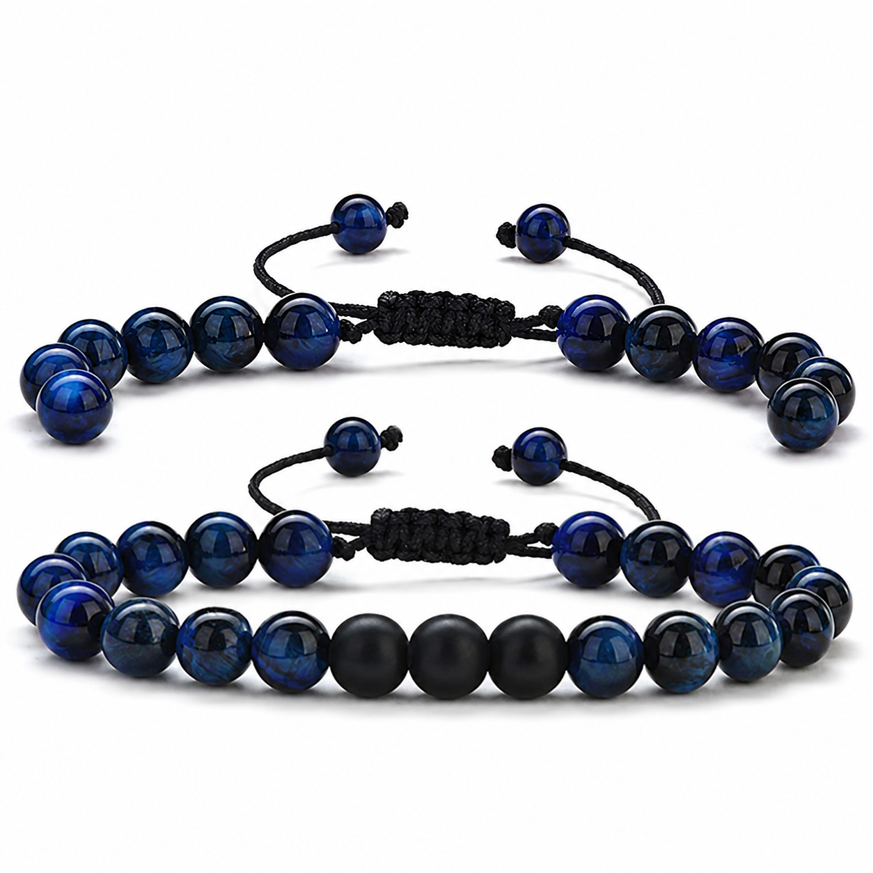 Blue Tiger Eye Couple Bracelet Set on white background