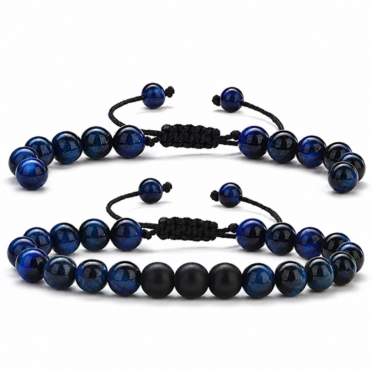 Blue Tiger Eye Couple Bracelet Set on white background
